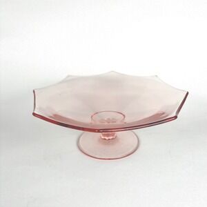 Vintage Pink Glass Pedestal Candy Dish Serving Bowl Octagon Scalloped Edge